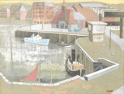 Geoffrey Lintott (20th. C), Modern British, Harbour view with boats, signed, gouache and mixed media, 22.5 x 29cm